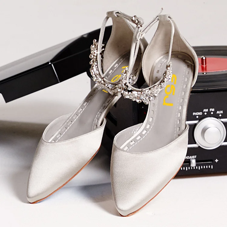 Grey Satin Rhinestone Flat Wedding Shoes Vdcoo