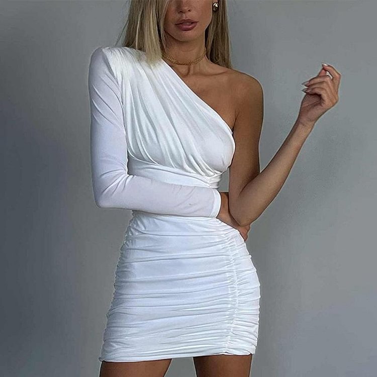 Promsstyle Sexy One-shoulder Long Sleeve Pleated Bodycon Mini Skirt