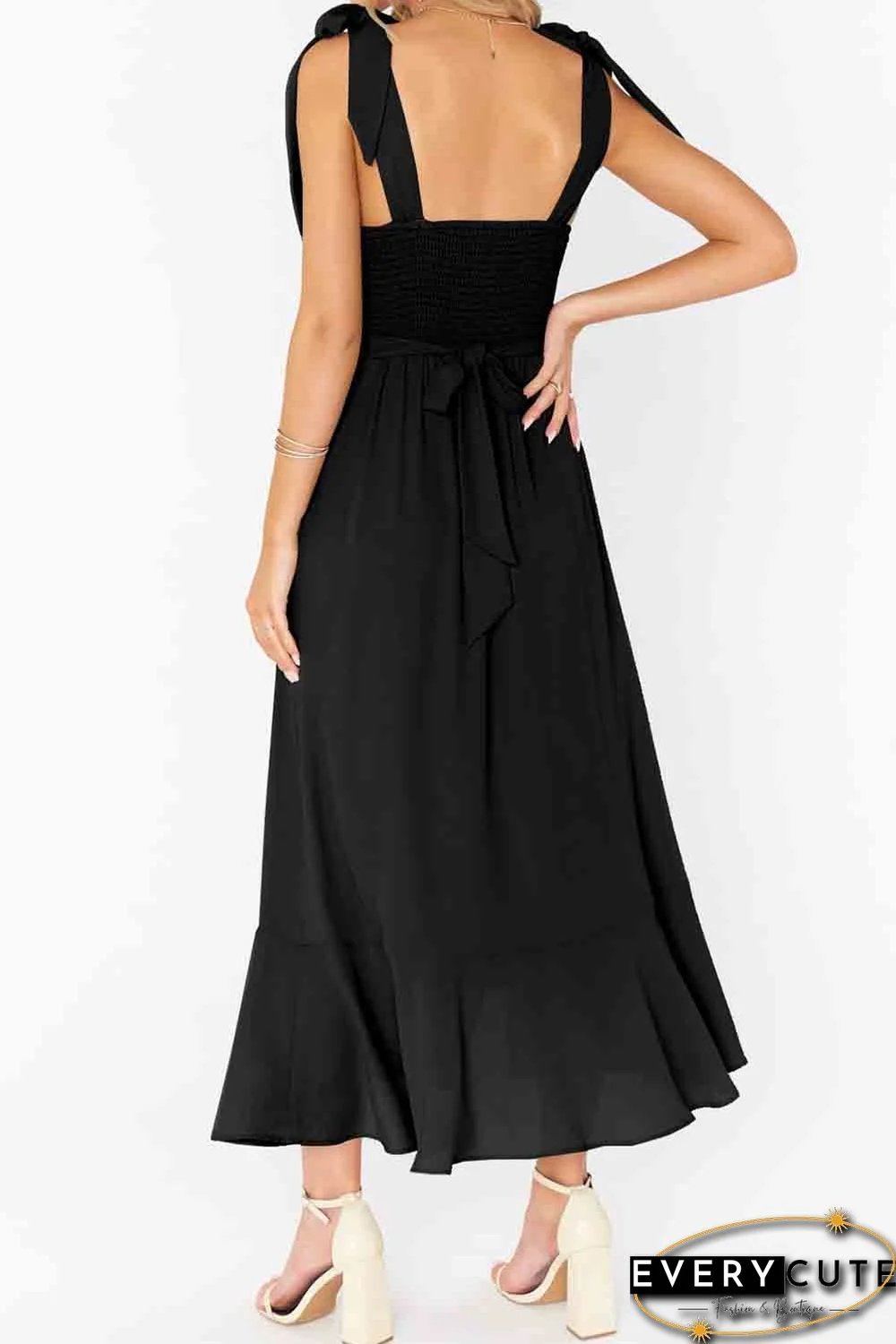 Black Tie Shoulder Smocked Back Side Slit Maxi Dress