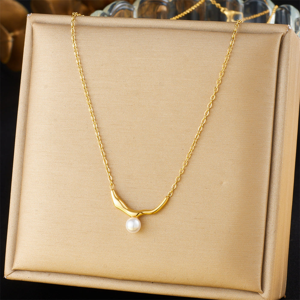 Korean Fashion Simple Irregular Pearl Chain Gold-Plated Stainless Steel Clavicle Necklace For Women
