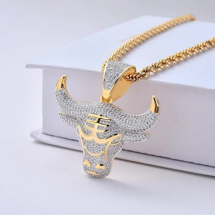 Full Rhinestone Bull Head Pendant Necklace