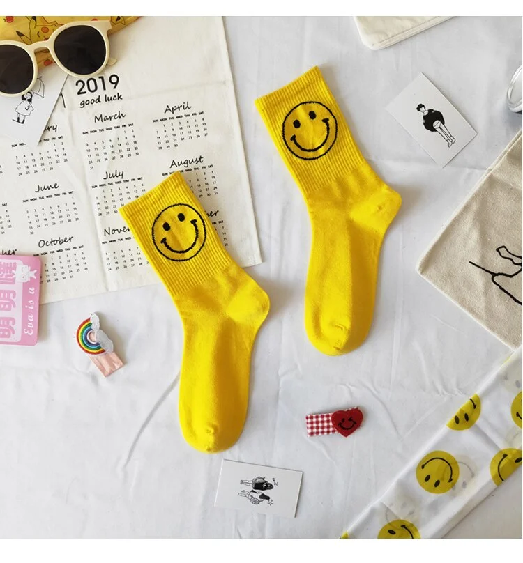 5pairs/set Women's Socks Big Smile Face Mid-calf Length Media Corta Crew Female Cotton Sock Couple Socks