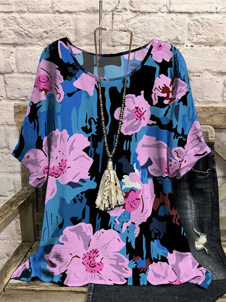 Women Half Sleeve Scoop Neck Colorblock Floral Printed Pink Women Tops