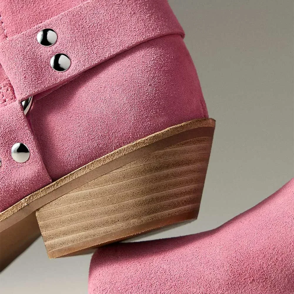 Cute Pink Vegan Suede Studded Ring Square Toe Ankle Boots Women