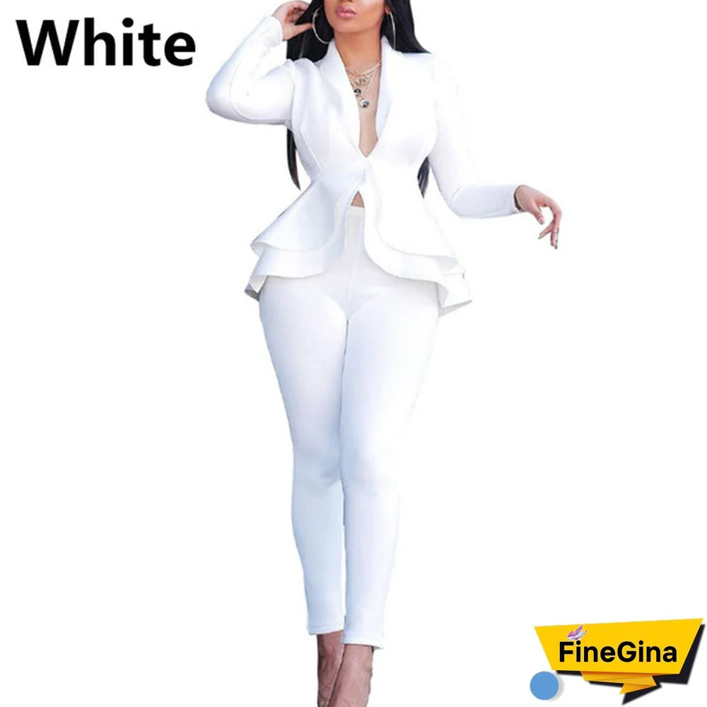 Women's Formal Office Outfits Work Blazer Business Jacket Pants Ruffle Suit Set Solid Color