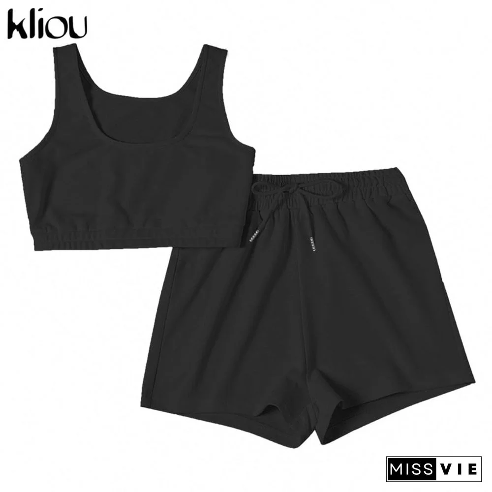 Kliou Casual Solid Sportswear Two Piece Sets Women Crop Top And Drawstring Shorts Matching Set Summer Athleisure Outfits