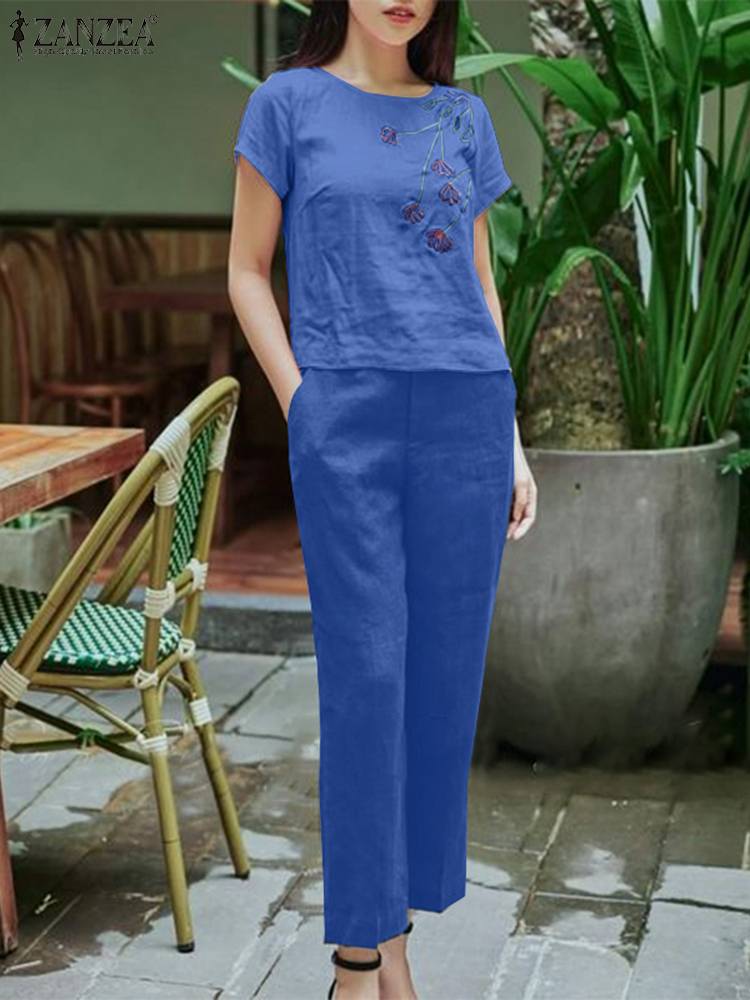 ZANZEA 2024 Summer Solid Color 2 Piece Sets Trouser Suits Casual Loose Floral Embroidery Top 2pcs Outfit Women Holiday Pant Sets