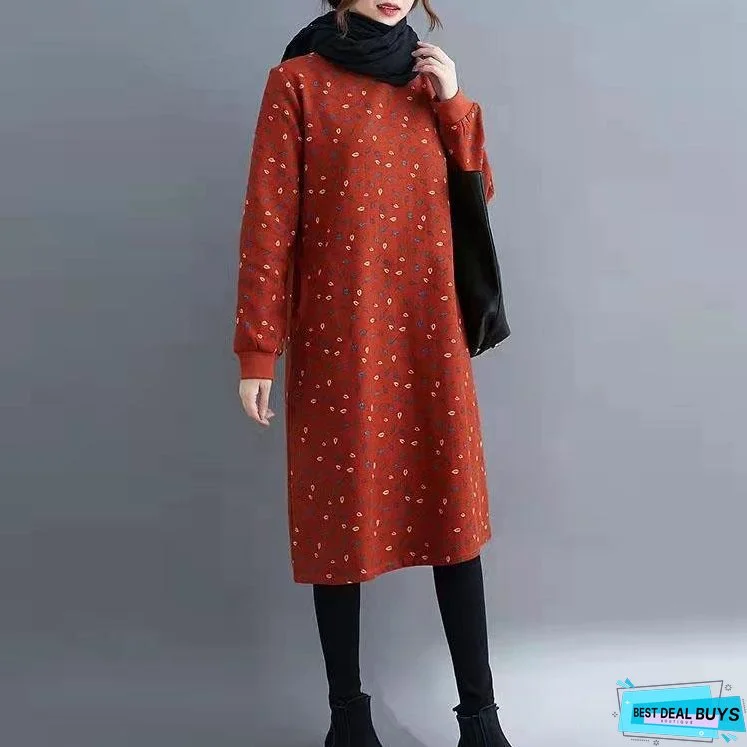 Plus Size Cotton Vintage Floral For Women Casual Loose Autumn Winter Dress