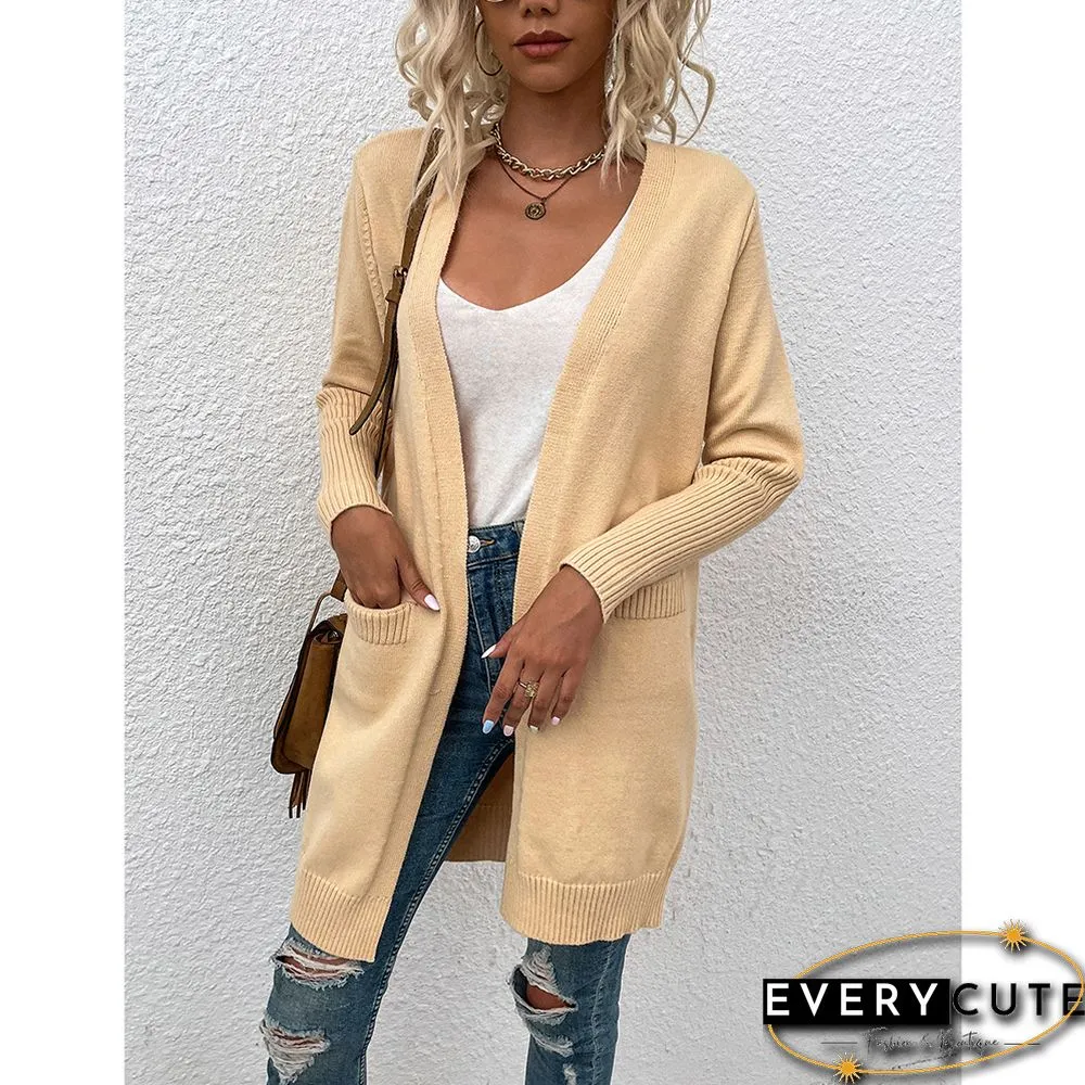Solid Apricot Knitted Long Cardigan with Pockets