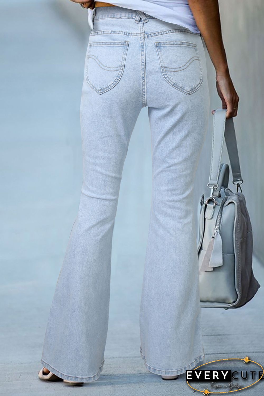 Sky Blue Black Ripped Slit Legs Flare Jeans