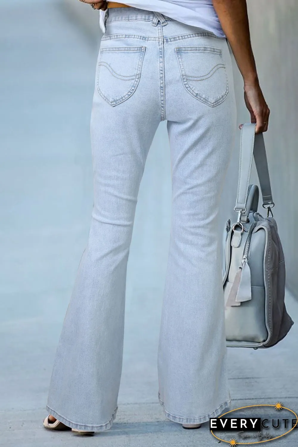 Sky Blue Black Ripped Slit Legs Flare Jeans