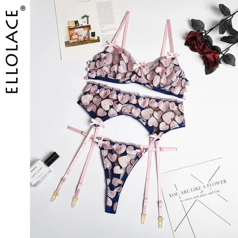 Ellolace Fancy Lingerie With Love Sensual Delicate 3-Piece Erotic Underwear Sexy Underwire Bra And Panty Sets With Garters New