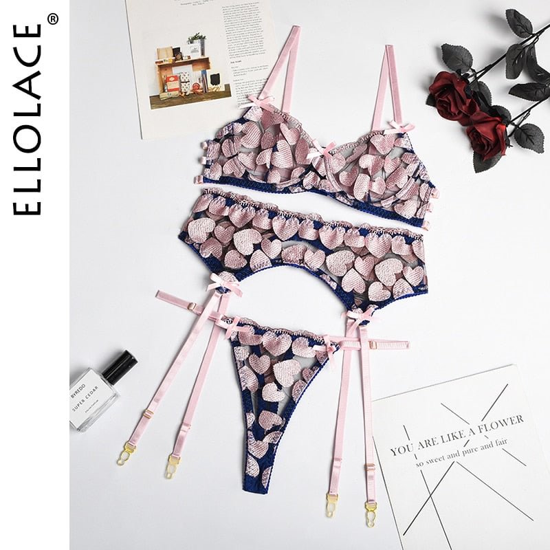 Ellolace Lingerie Sexy Love Embroidery 3-Pieces Push Up Delicate Underwear Fancy Seamless Luxury Bra Sensual Brief Sets
