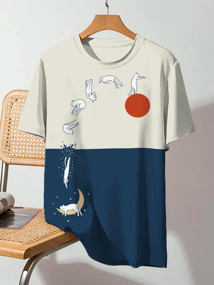 Men's Cat Lover Contrast Color Art Print Casual T-Shirt