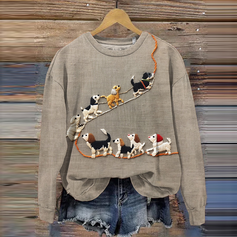 Embroidery Art Dog Print Crew Neck wearshes