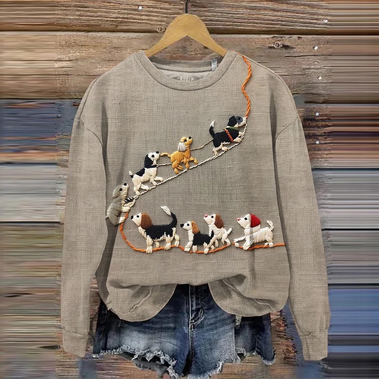 Embroidery Art Dog Print Crew Neck