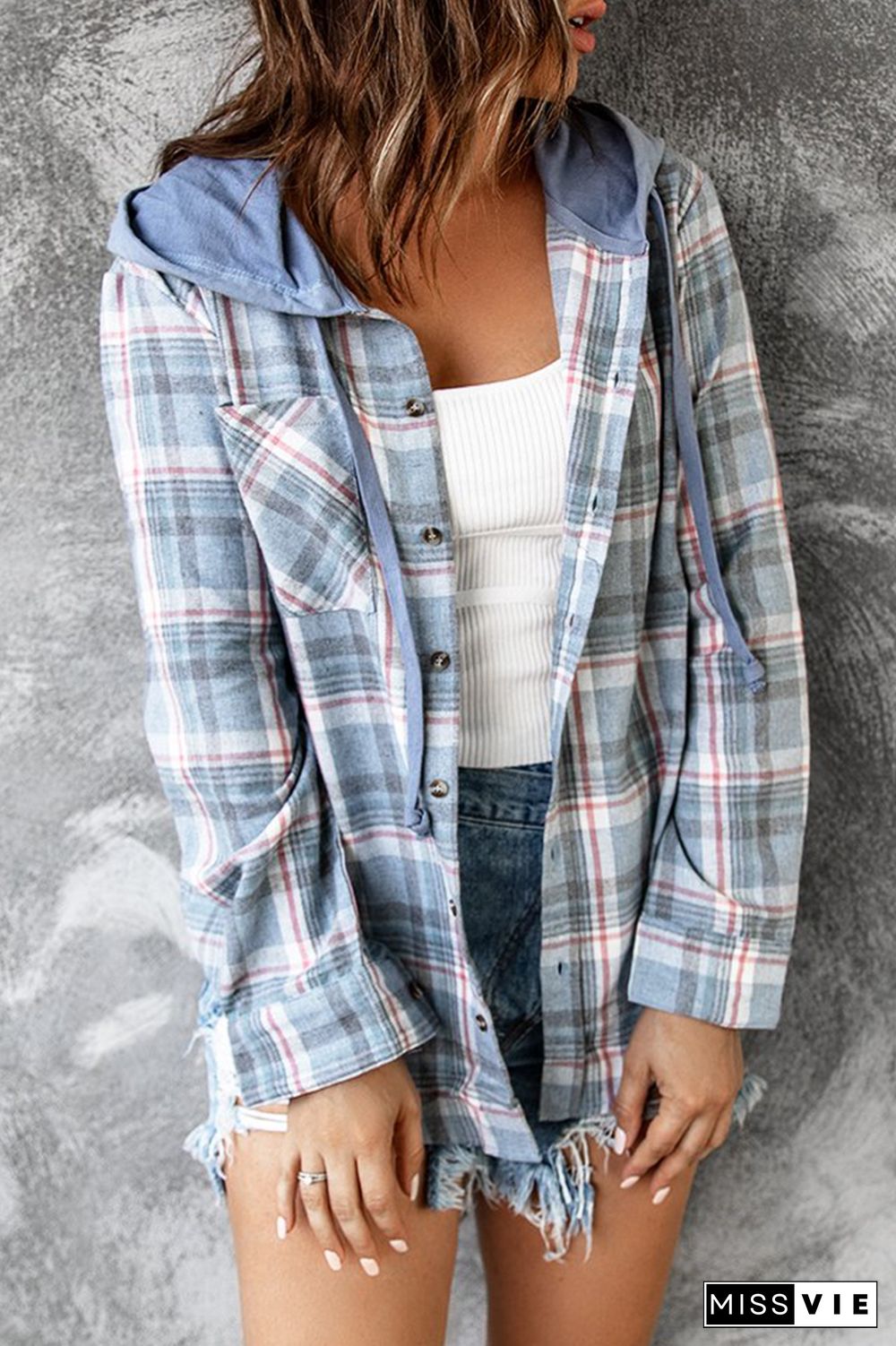 Street Plaid Frenulum Buckle Hooded Collar Tops（4 colors）