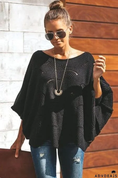 Black Wave Hem Long Batwing Sleeve Hollow Out Elegant Sweater