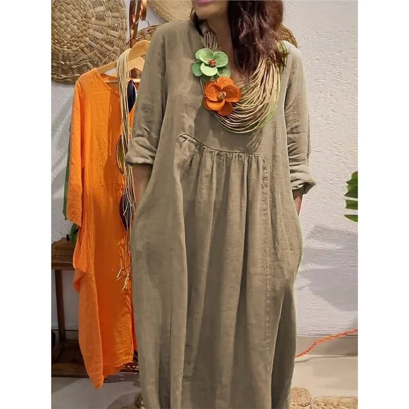 Athvotar Athvotar Spring And Summer Women's V-Neck Casual Solid Cotton Pocket Dress