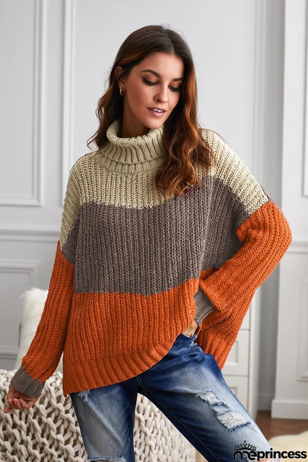 Cowl Neck Colorblock Cable Knit Sweater