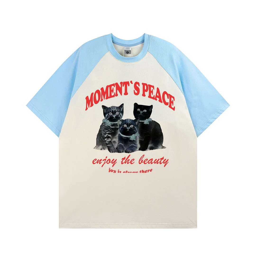 American Raglan Sleeve Short Sleeve T-shirt Men's Slim Elastic Retro Cute Cat Print Loose Couple T-shirt