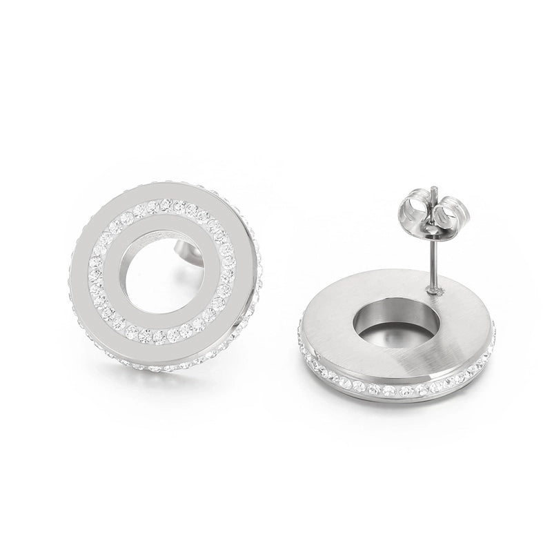 1 Pair Minimalist Round Solid Color Inlay Stainless Steel Crystal Rhinestones 18K Gold Plated Ear Studs