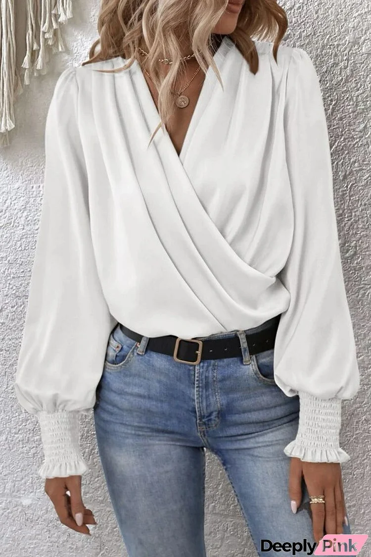 Elegant Solid Fold V Neck Tops