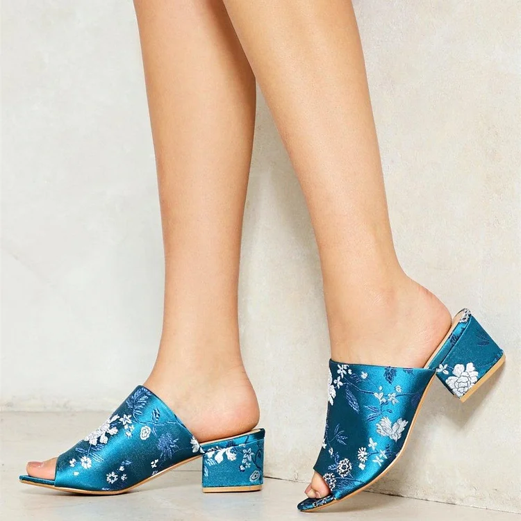 Blue Embroidery Block Heels Mules for Women |FSJ Shoes