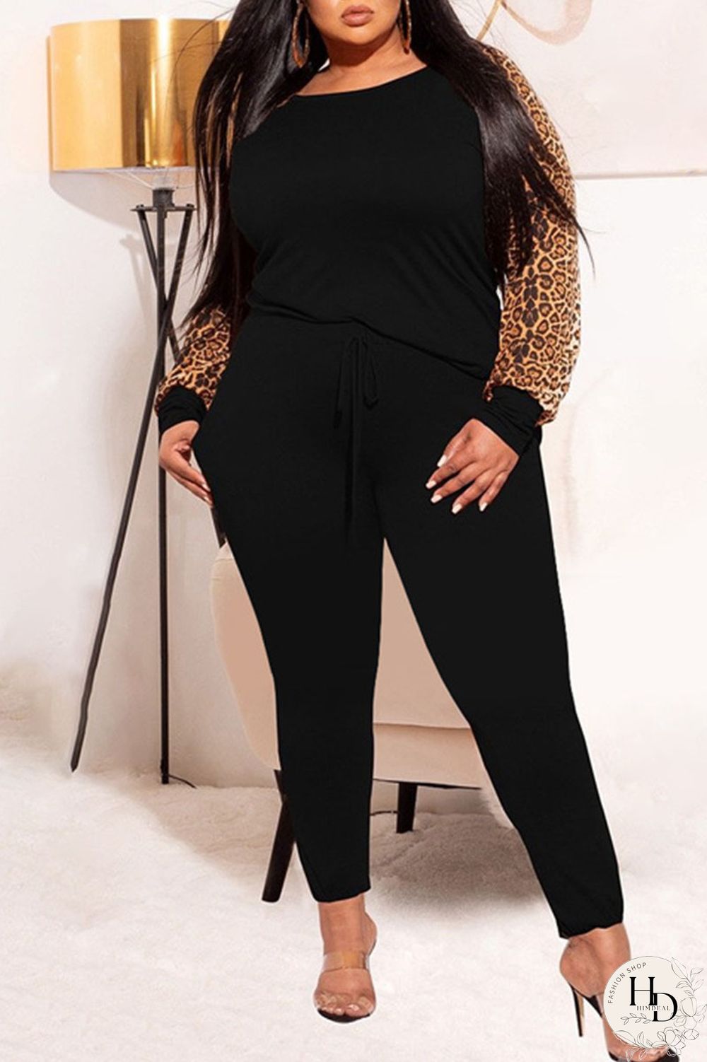 Black Casual Print Leopard Patchwork O Neck Plus Size Two Pieces