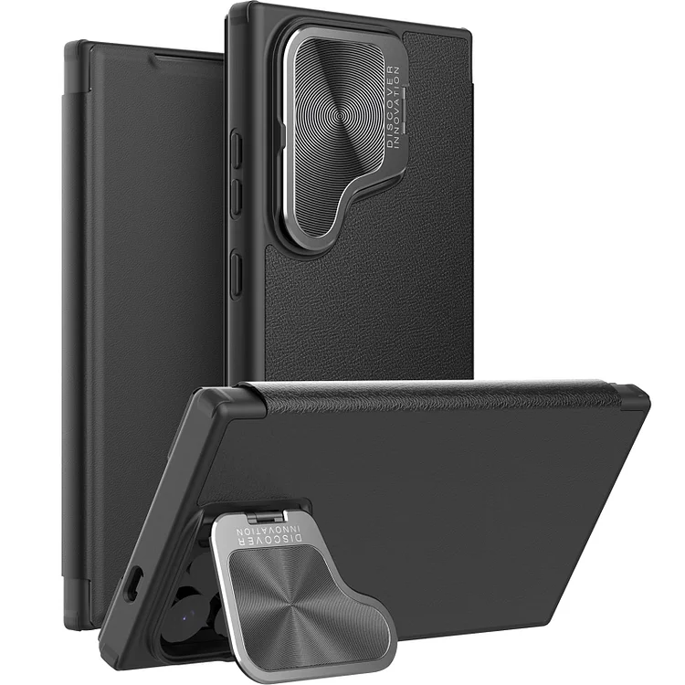 Suitable For Samsung S24 Series Plain Leather Metal Mirror Cover Bracket Anti-Peeping Flip Phone Case