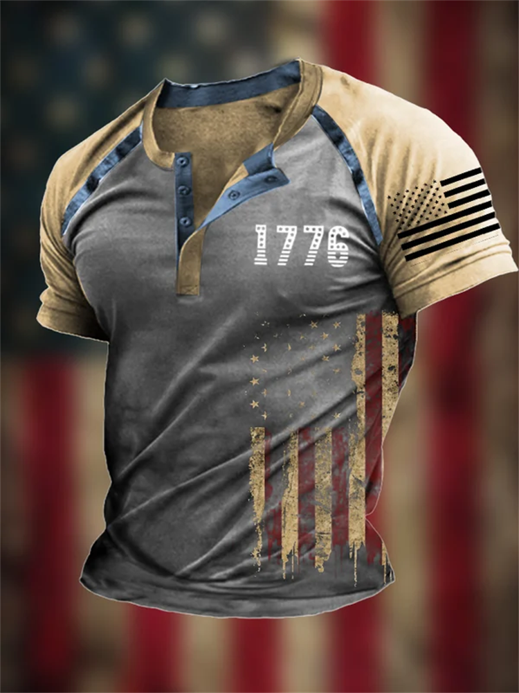 Men's Vintage Patchwork Flag Independence Day Henley Neck T-Shirt