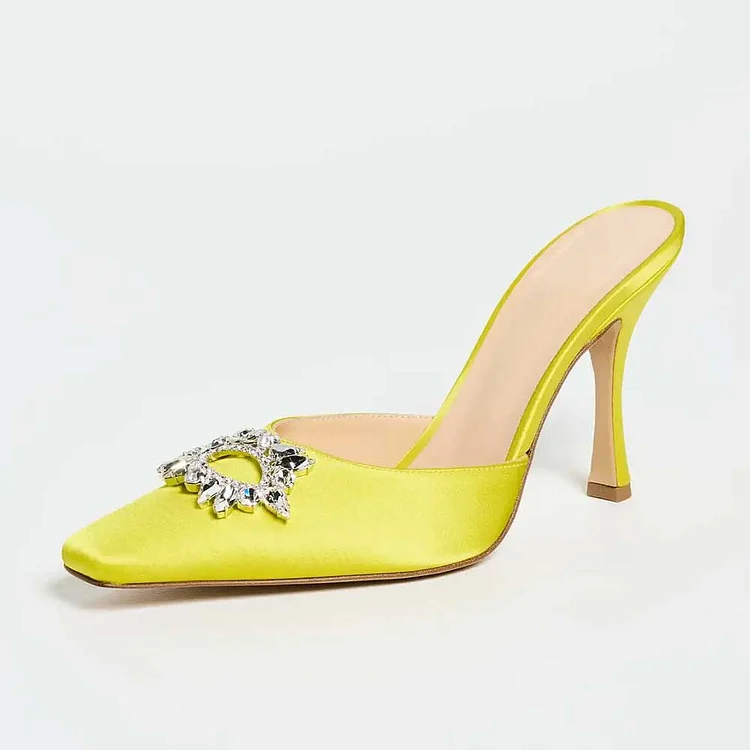 Yellow Square Toe Crystal Embellished Spool Heel Women's Mules Shoes |FSJ Shoes