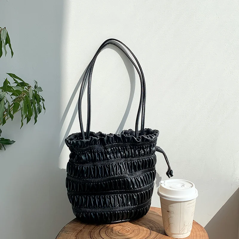 Mongw Mongw Rope Fold Bag Niche Design Korea New Soft Leather Bucket Bag Lady Advanced Sense Delicate One Shoulder Armpit Bag