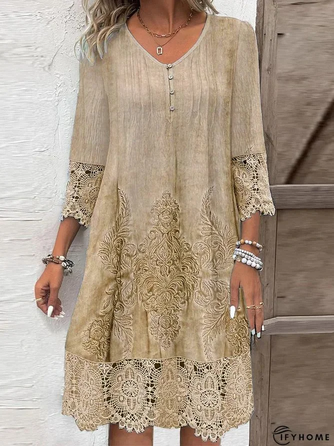 Women's Casual Dress Lace Dress Summer Dress Plain Lace Hollow Out U Neck Mini Dress Fashion Streetwear Outdoor Daily 3/4 Length Sleeve Loose Fit White Green Apricot Spring Summer S M L XL XXL | IFYHOME