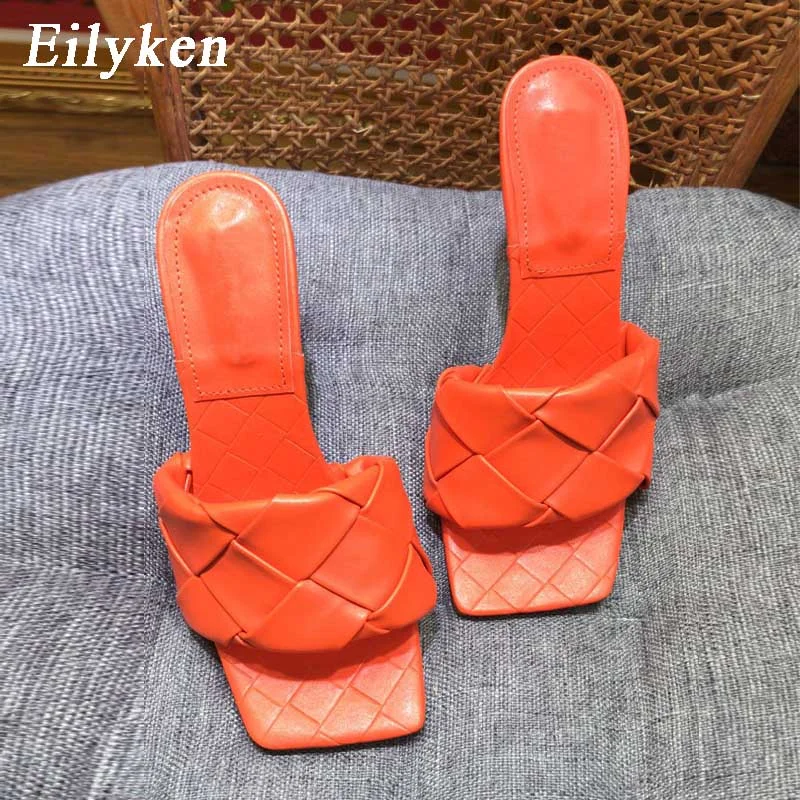 Eilyken Summer New Design Weave Square Toe Heels High Quality PU Leather Slippers Gladiator Beach Womens Sandal Slides Shoes