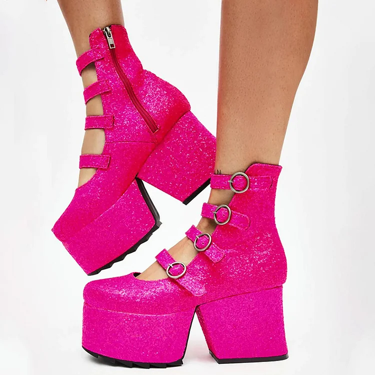 Pink Round Toe Strappy Pumps Women's Chunky Heel Platform Shoes |FSJ Shoes