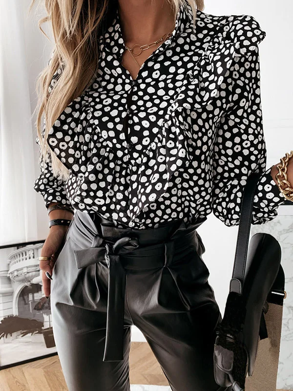 Long Sleeves Loose Pleated Polka-Dot Split-Joint Stand Collar Blouses