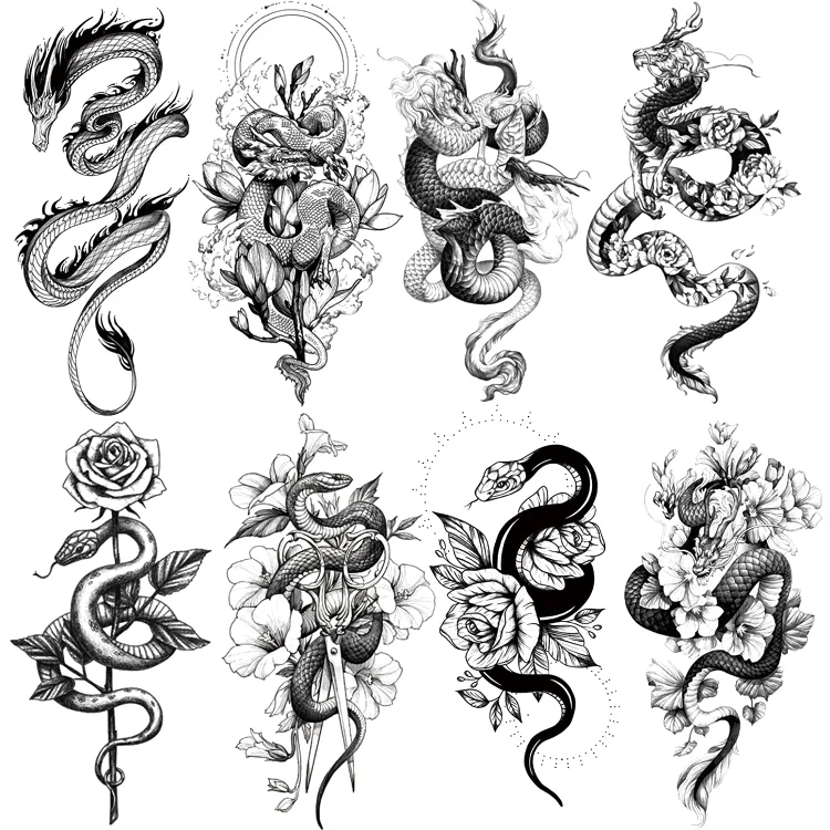 8 Sheets Waterproof Dragon Snake Temporary Tattoo