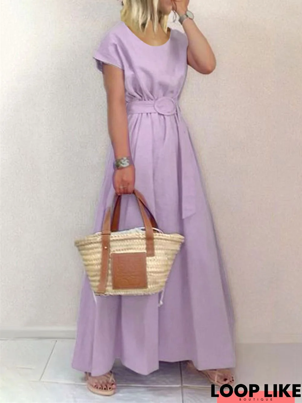 New Long Skirt Round Neck Solid Belt Large Dress