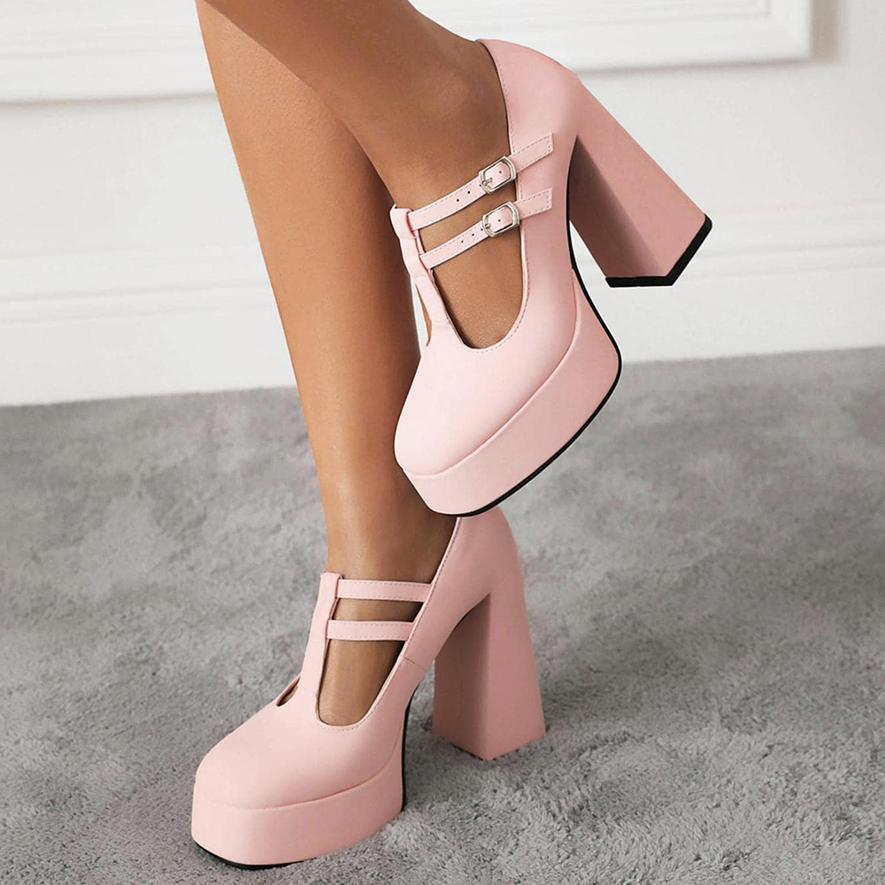 Pink Closed Toe 4'' Chunky Heel Platform Loafers with Buckle Nicepairs