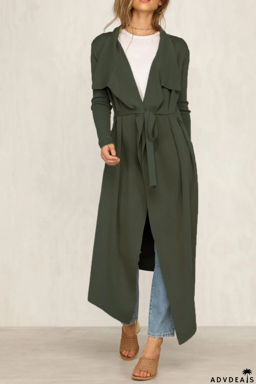 Pure Color Long-sleeve Belt Windbreaker