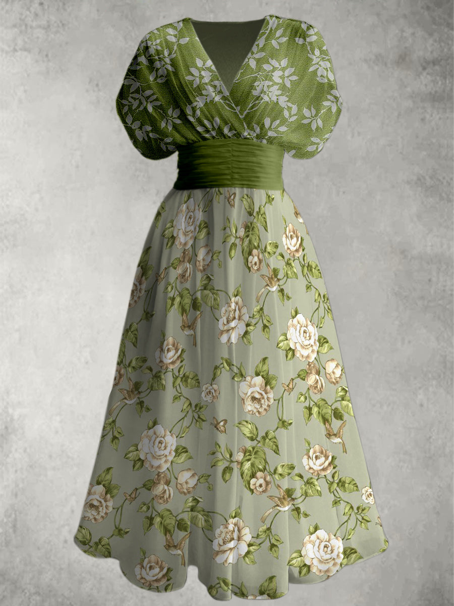 Retro Floral Print Elegant V-Neck Chic Short Sleeve Maxi Dress