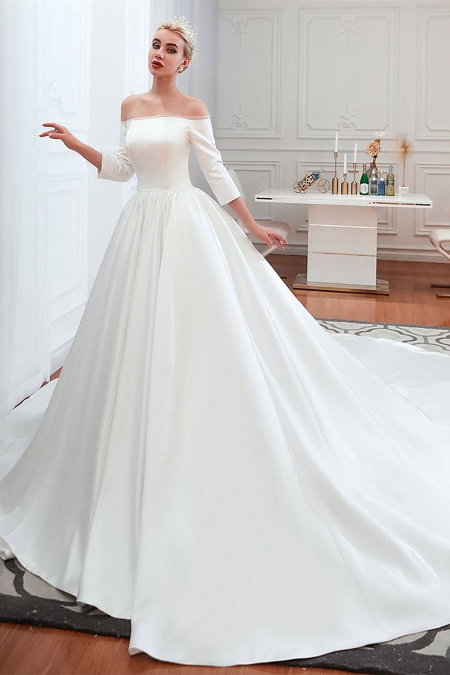 Half-Sleeves Off-the-Shoulder Satin Wedding Dress | Ballbellas Ballbellas