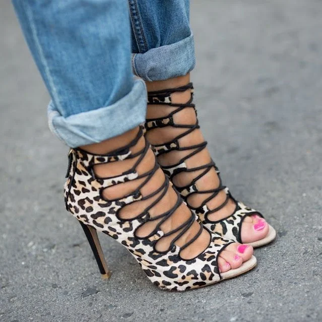 Khaki Leopard Print High Heels Strappy Lace-Up Stripper Shoes Vdcoo