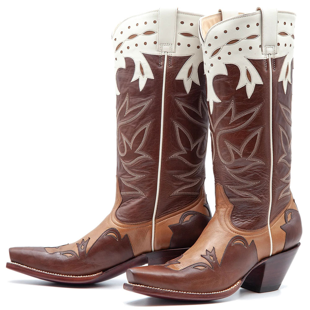 Brown & White Vintage Snip Toe Embroidered Western Knee High Boots Nicepairs