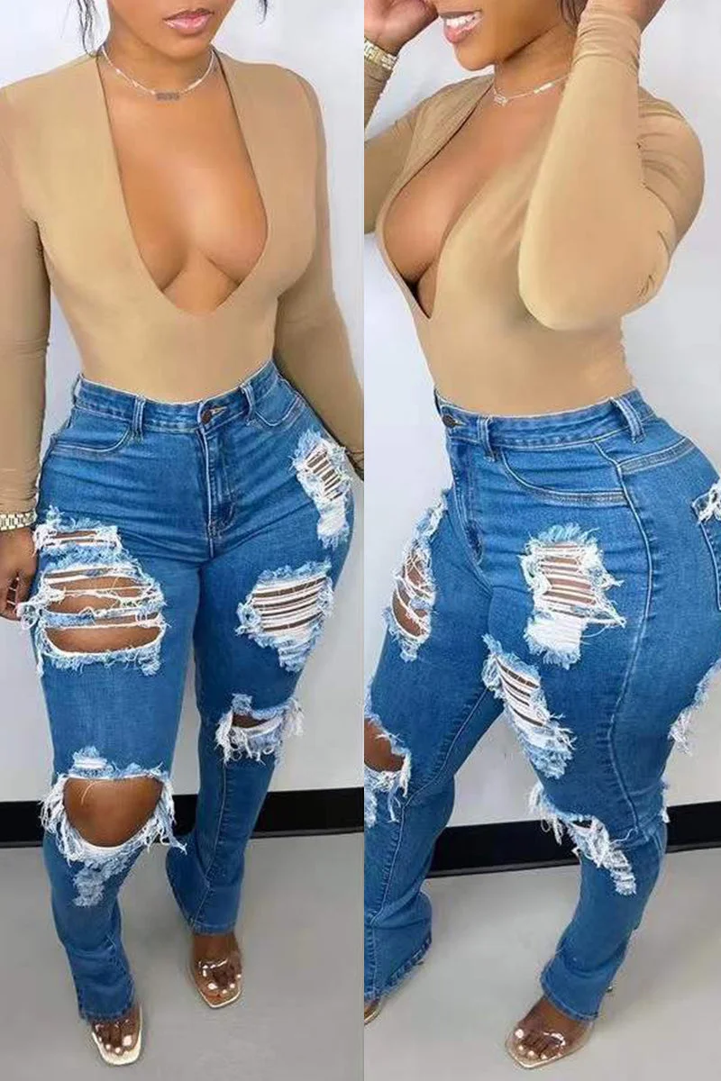 Fashion Casual Solid Ripped Slit Mid Waist Skinny Denim Jeans