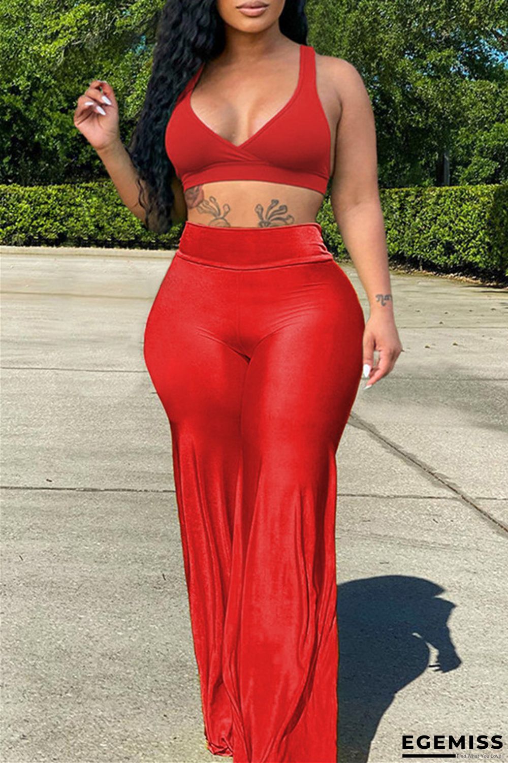 Red Sexy Casual Solid Vests Pants V Neck Sleeveless Two Pieces | EGEMISS