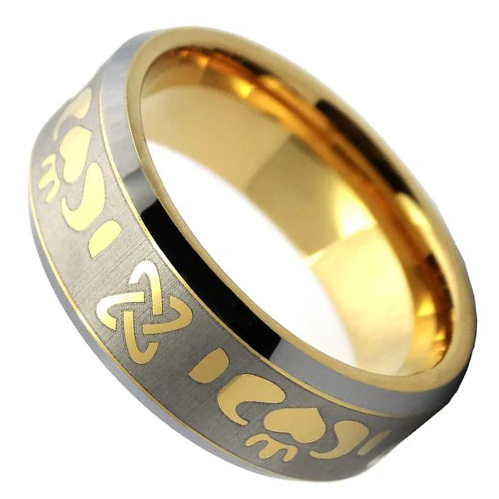 6MM 8MM Mens Gold Laser Pattern Tungsten Carbide Polished Beveled Edge Wedding Bands