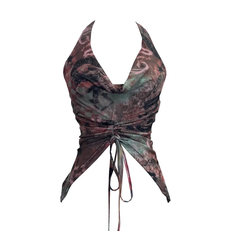 Brownm Real Shooting Holiday Wind Hanging Neck Collar Collar Tidling Strap Sling Vest Tie Mesh Yarn Short Sleeveless Top 9926