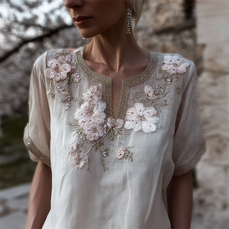 Classy Cherry Blossom Notch Neck Flowy Linen Tunic elevenforest